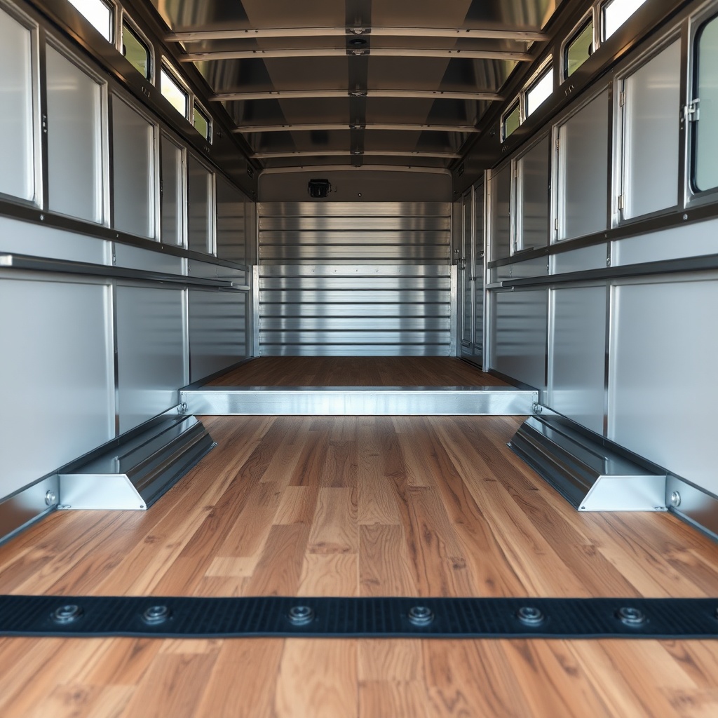 A photorealistic wide-angle photo of a clean Exiss 3-Horse GN trailer interior floor from
