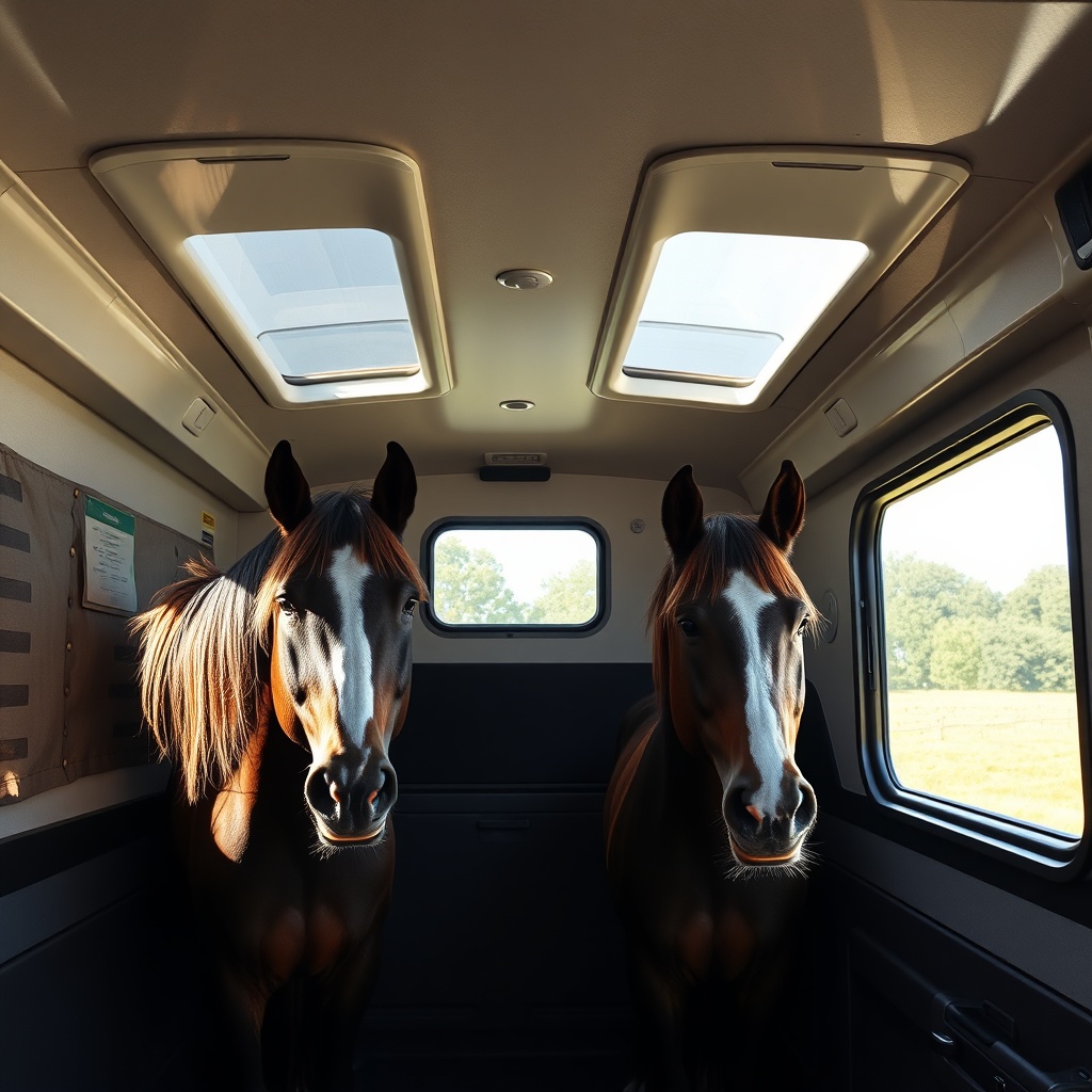 A photorealistic photo of the interior of an Exiss 3-Horse GN horse compartment showing tw