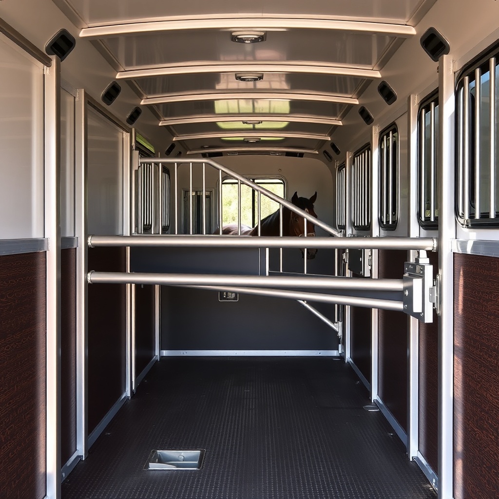 A clean photorealistic photo of the interior divider system of an Exiss 3-Horse GN showing