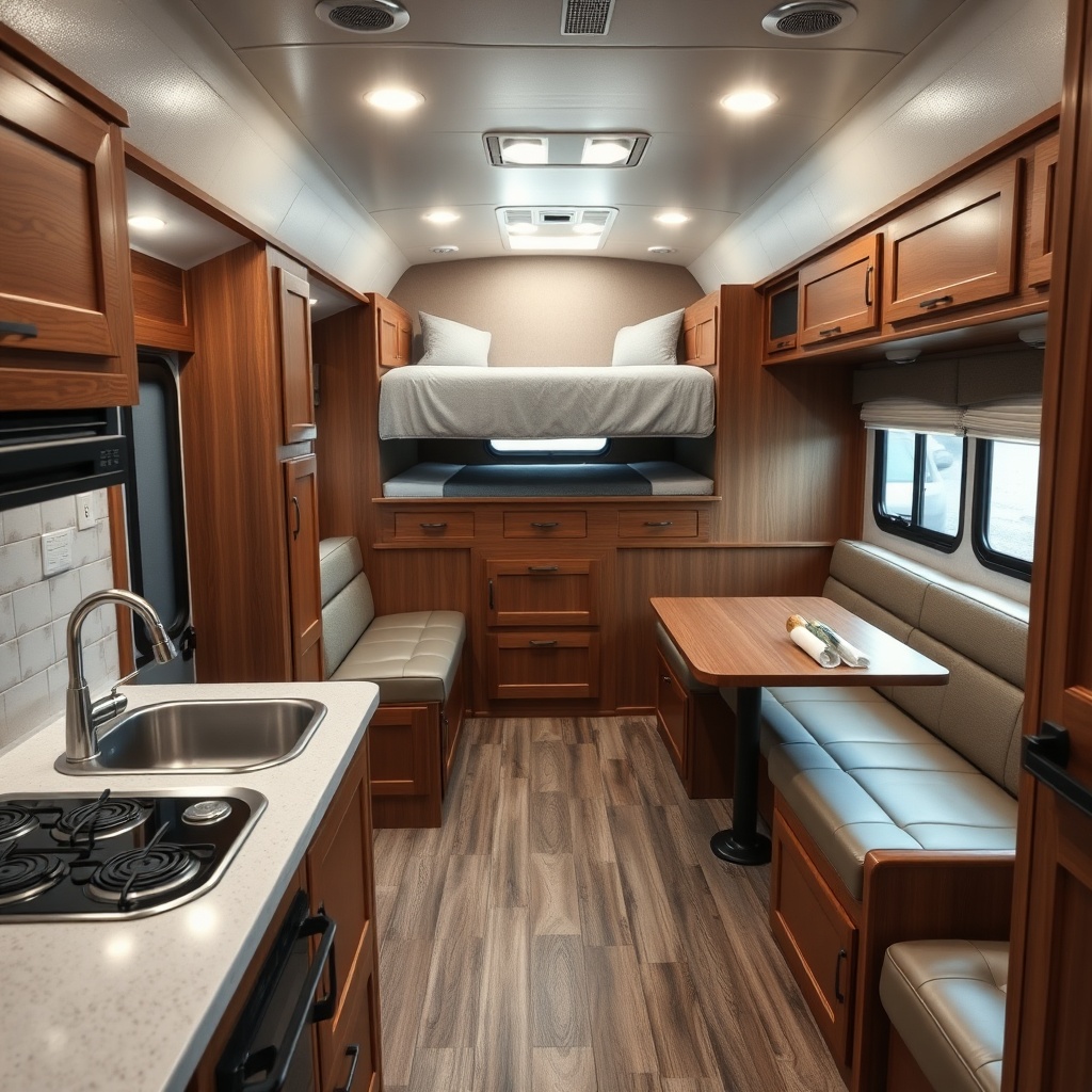 A clean photorealistic photo of the Exiss 3-Horse GN living quarters interior showing a co