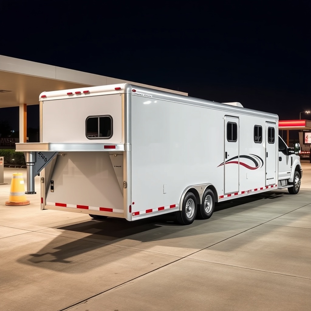 A photorealistic image of a white Exiss 3-Horse GN trailer hitched to a 2024 Ford F-350 du