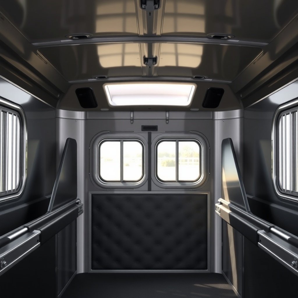 Interior view of a 3-horse slant load horse trailer compartment showing padded dividers