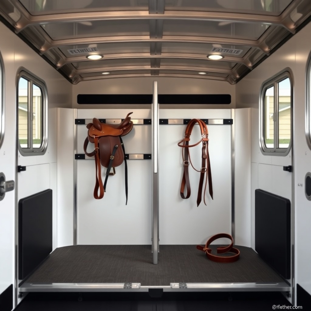 A clean photorealistic photo of the interior tack storage area of a Featherlite 8549