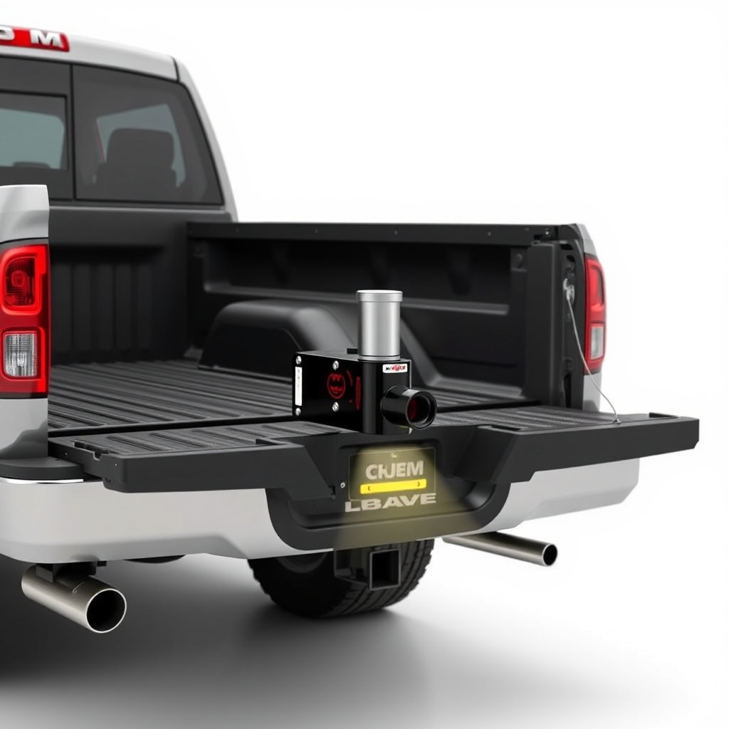 <clean photorealistic photo/illustration of a gooseneck hitch installed in a pickup truck