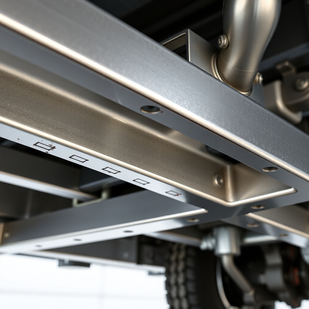 A clean photorealistic close-up of a polished aluminum frame crossmember under a Featherli