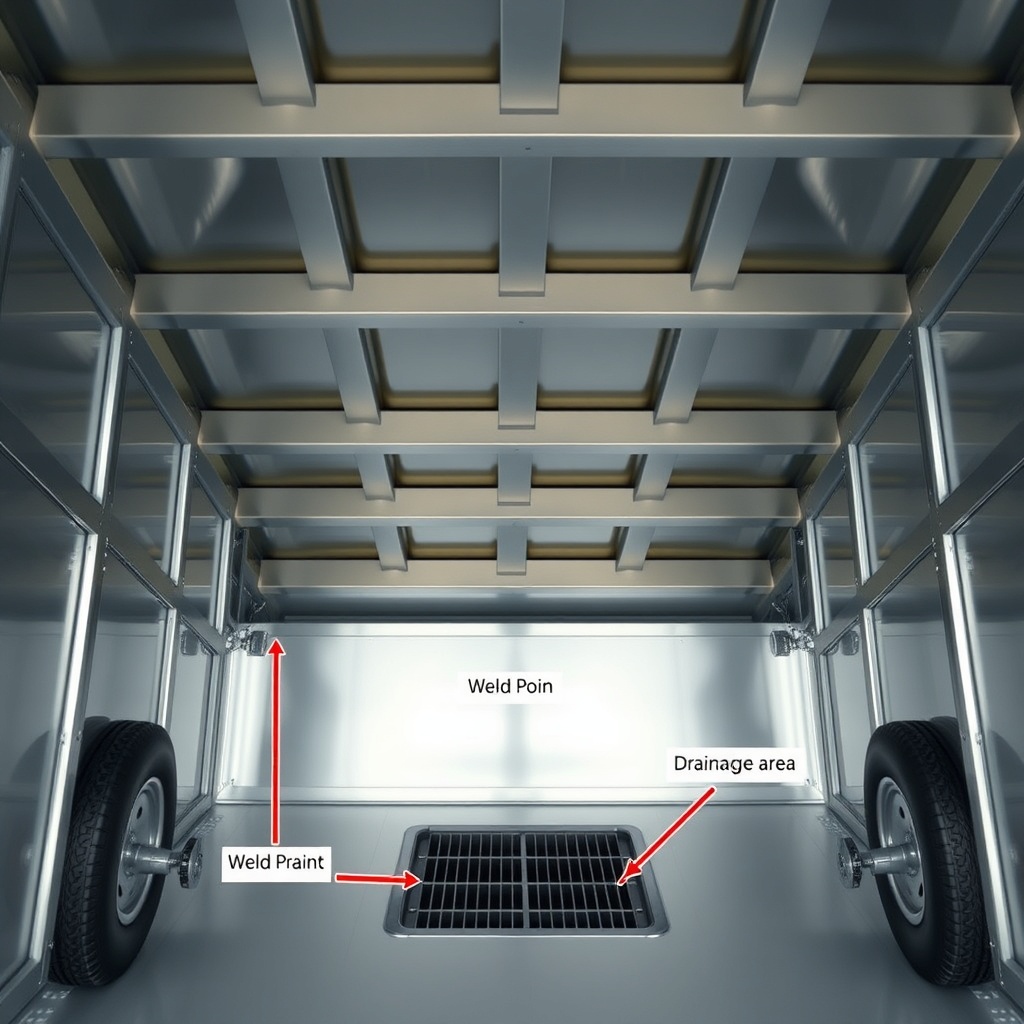 A clean photorealistic image of the underside of a Featherlite 8549 showing the aluminum f