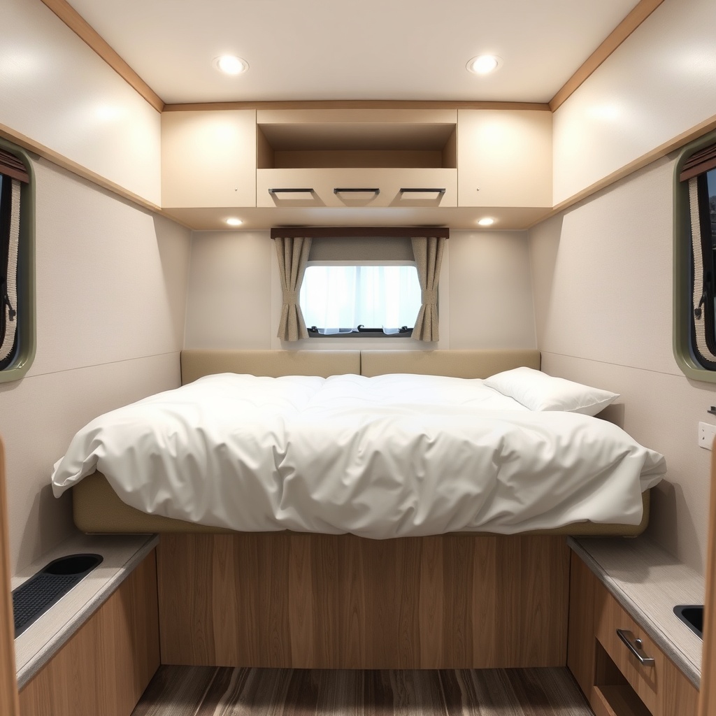 A clean photorealistic photo of a Featherlite 8549 rear sofa converted into a bed with whi