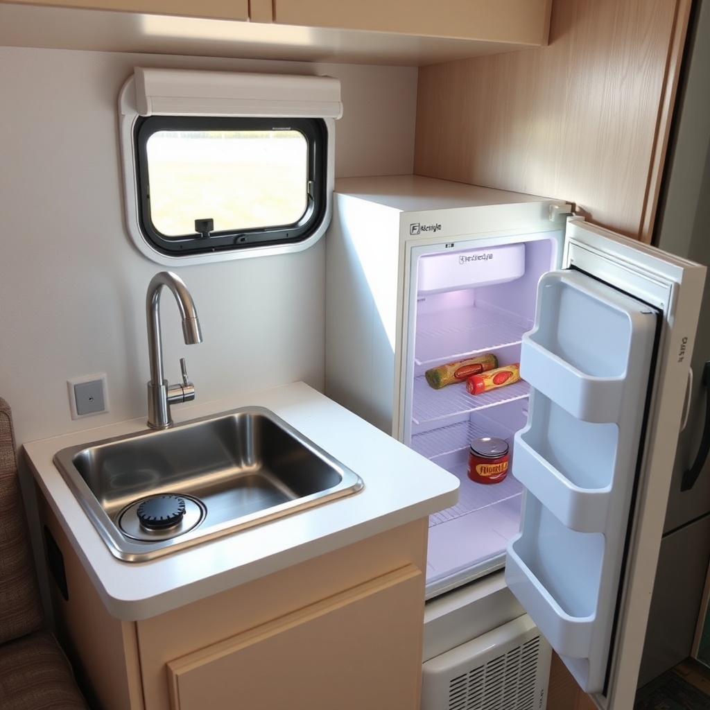 A clean photorealistic photo of the Featherlite 8549 kitchenette counter with a stainless