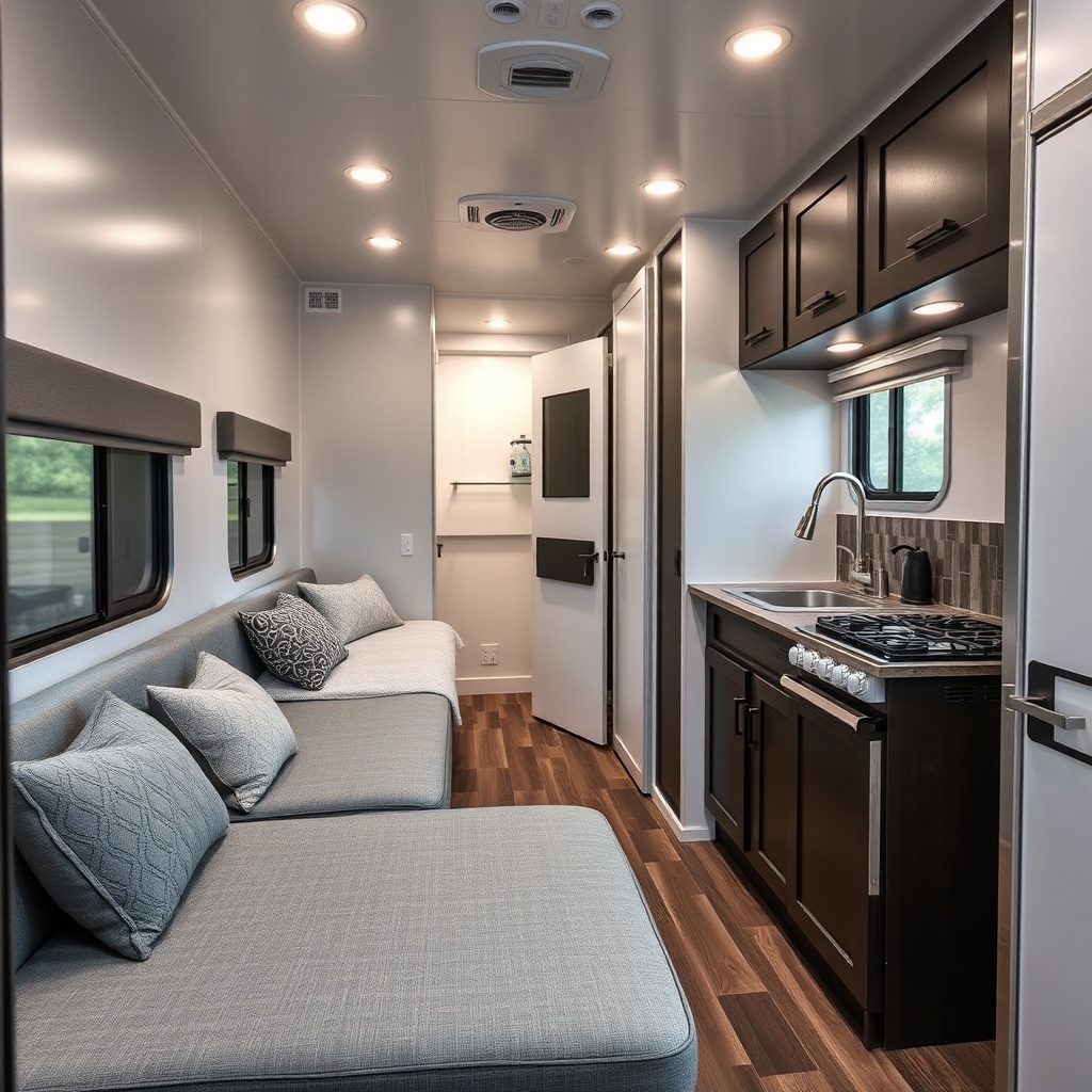 A clean photorealistic photo of the interior of a HorseTrailerPro living quarters with a d