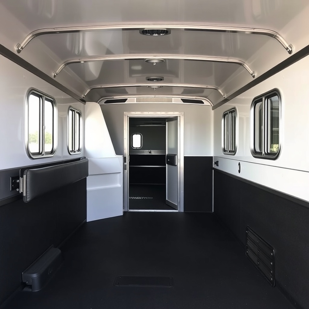 A clean photorealistic photo of the horse compartment of a HorseTrailerPro showing padded