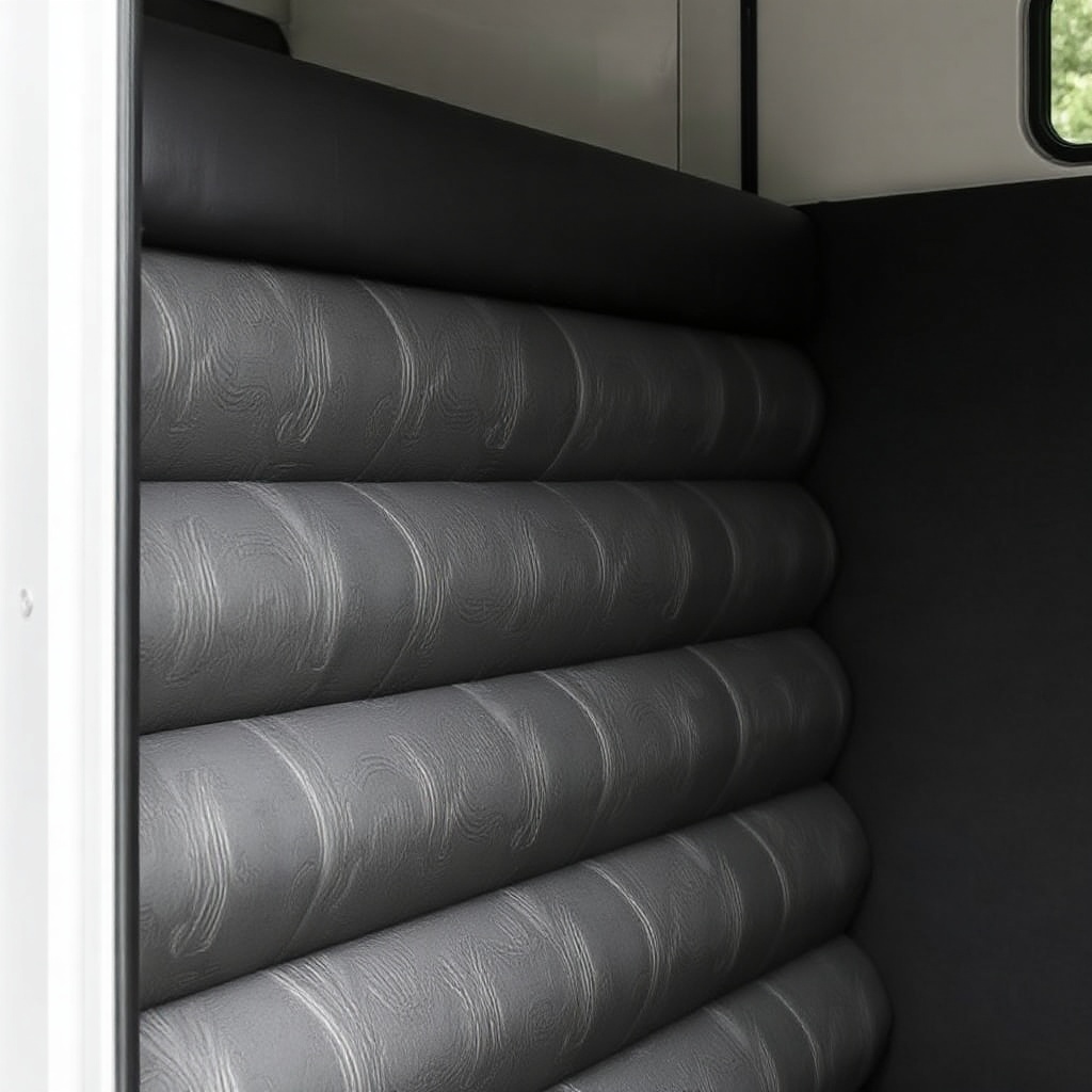 A photorealistic close-up of the foam wall padding in a horse compartment