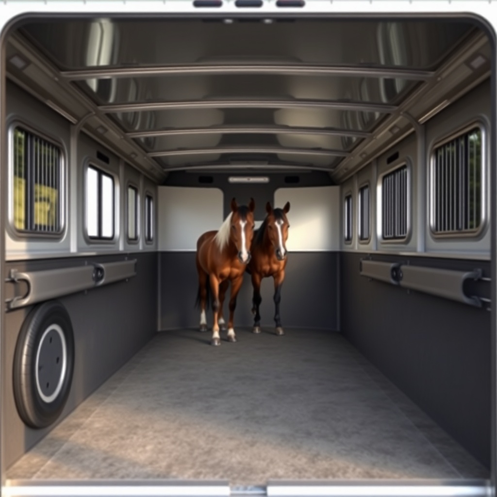 A photorealistic wide-shot of a HorseTrailerPro horse compartment with the foam wall paddi