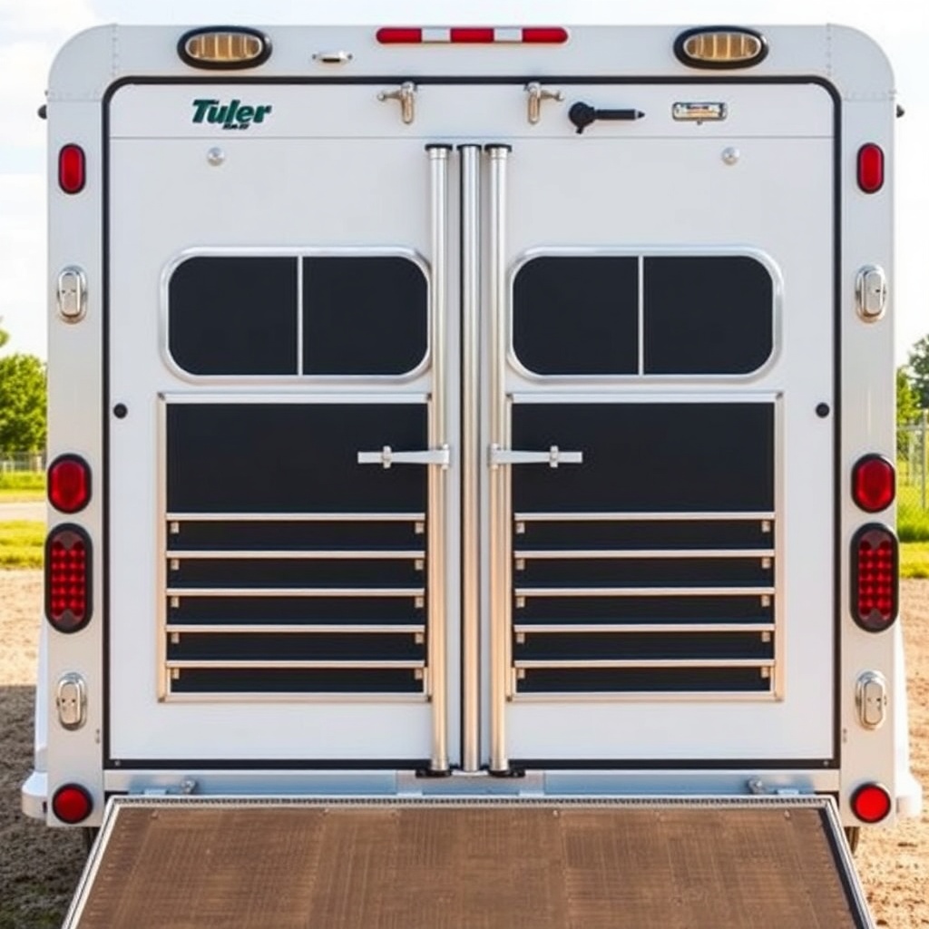 A clean photorealistic photo of the rear of the HorseTrailerPro showing the double rear do