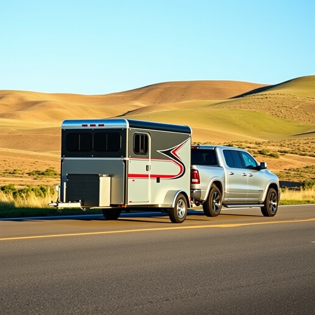A photorealistic photo of a HorseTrailerPro two-horse bumper-pull trailer hitched to a sil