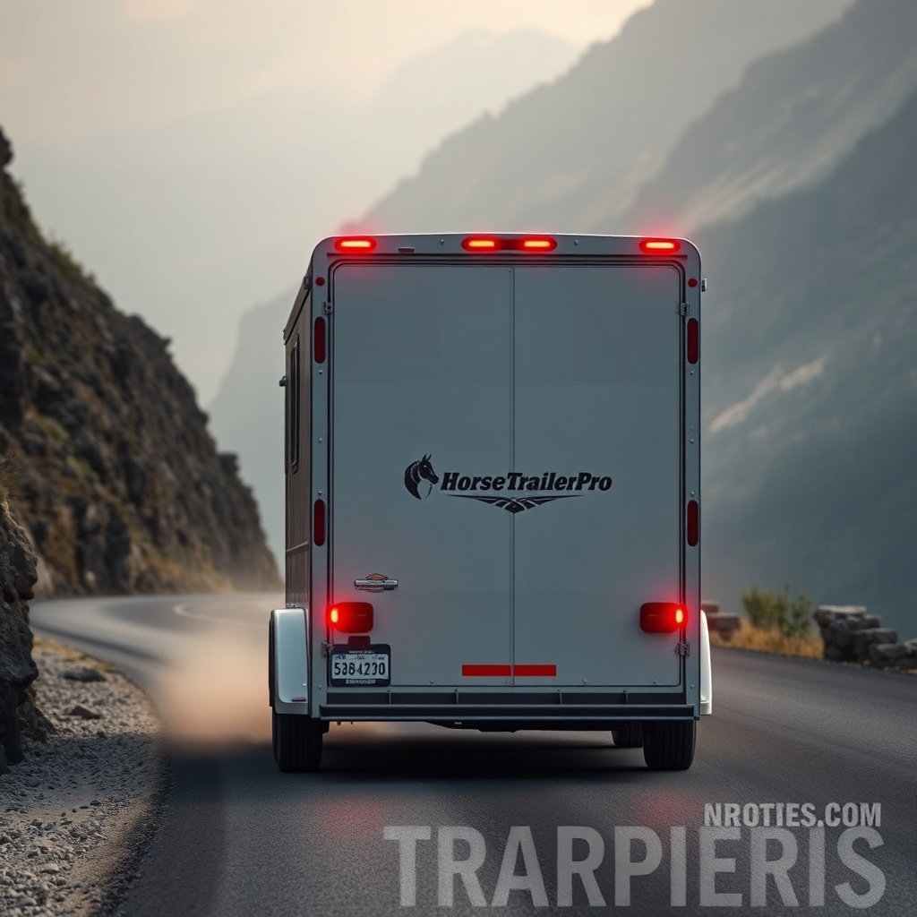 A photorealistic photo of a HorseTrailerPro trailer descending a steep mountain road
