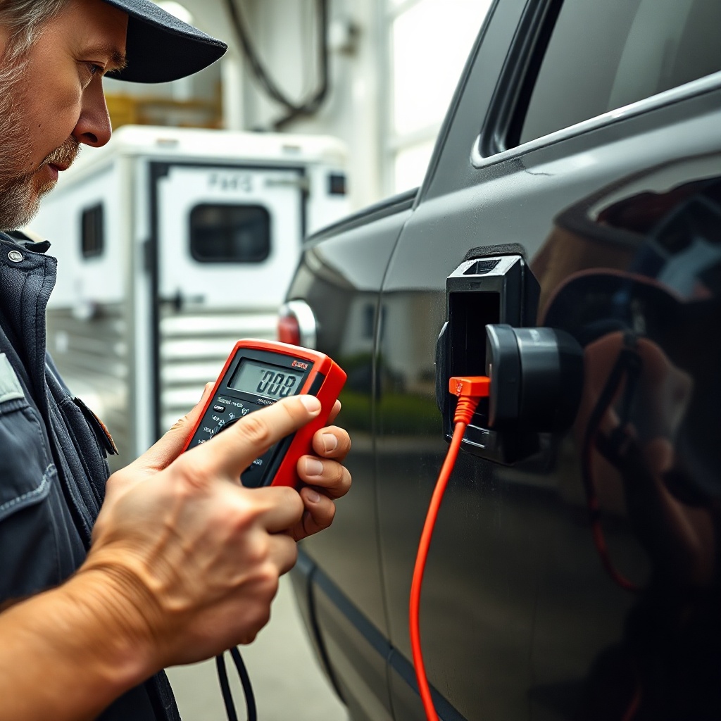 A photorealistic photo of a mechanic using a red multimeter to test the pins of a 7-pin tr
