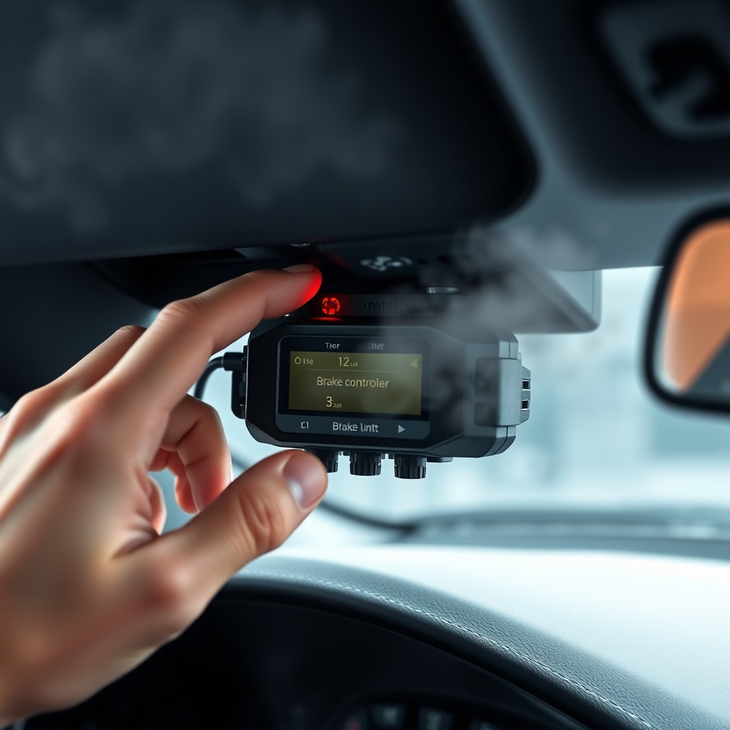 A photorealistic photo of a hand touching a brake controller unit mounted under a dashboar