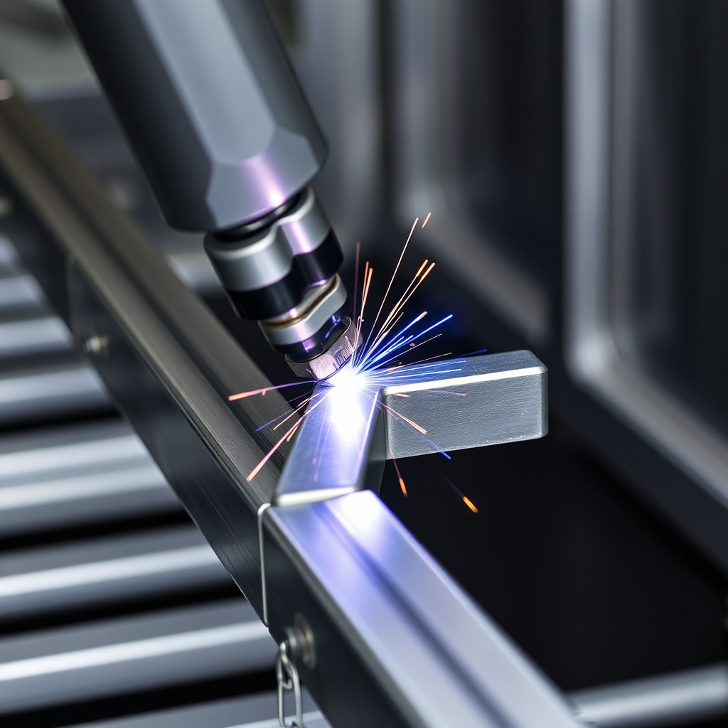 Close-up photorealistic photo of a robotic welding arm joining two aluminum frame extrusio