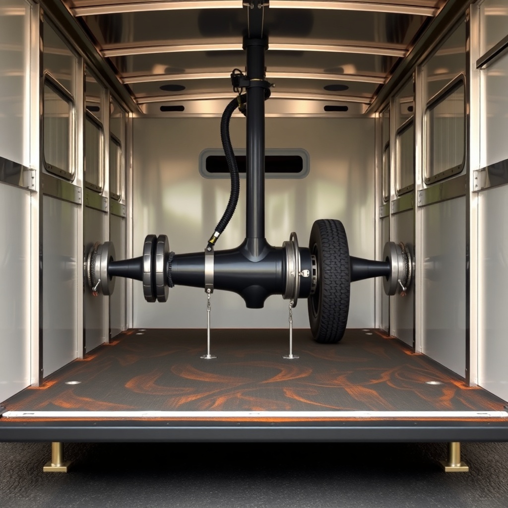 Photorealistic photo of a horse trailer's undercarriage showing the torsion axle