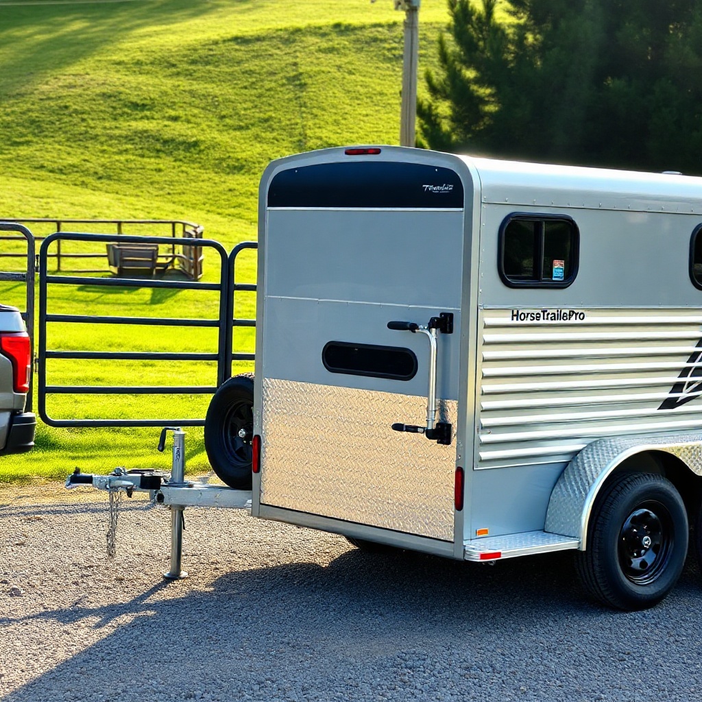 A photorealistic outdoor photo of a new two-horse HorseTrailerPro bumper pull trailer hitc