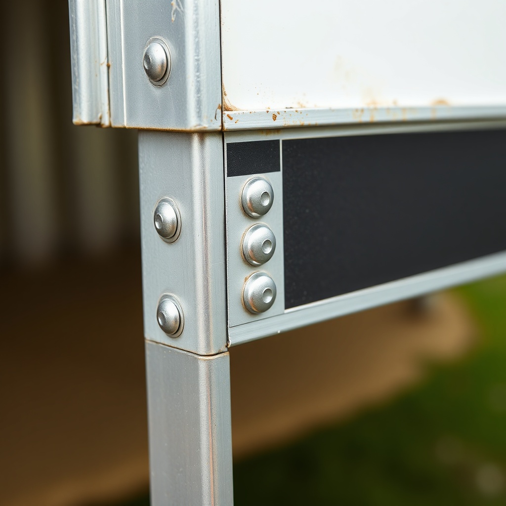 A photorealistic macro photo of an aluminum frame joint on a HorseTrailerPro trailer