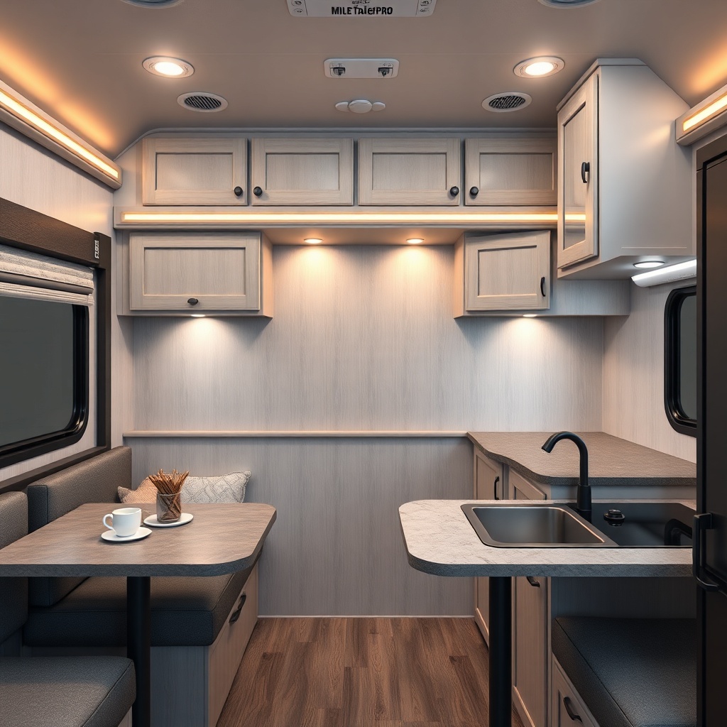 A clean photorealistic photo of a HorseTrailerPro mid-tack living quarters interior showin