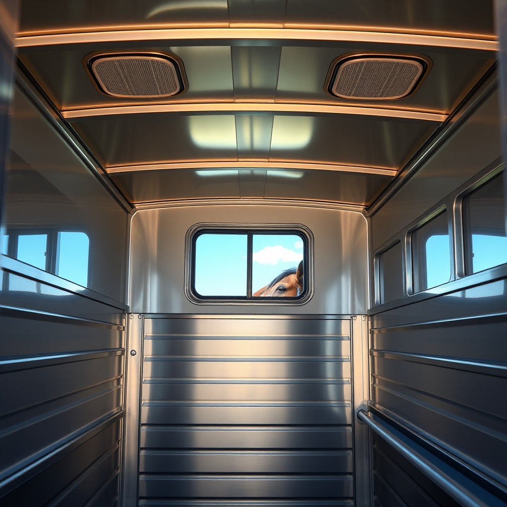 A photorealistic photo of the interior of a HorseTrailerPro horse compartment showing roof