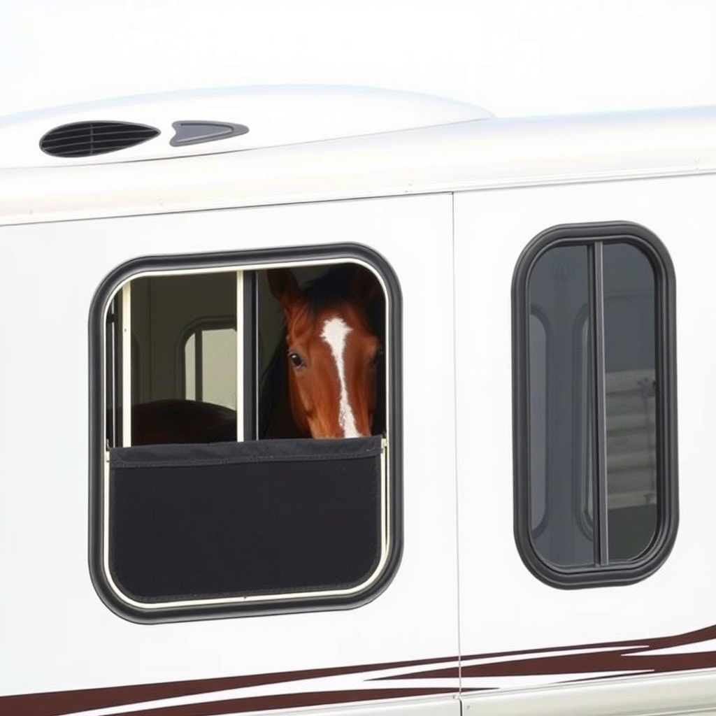 A photorealistic photo showing a side view of a HorseTrailerPro with a horse standing insi