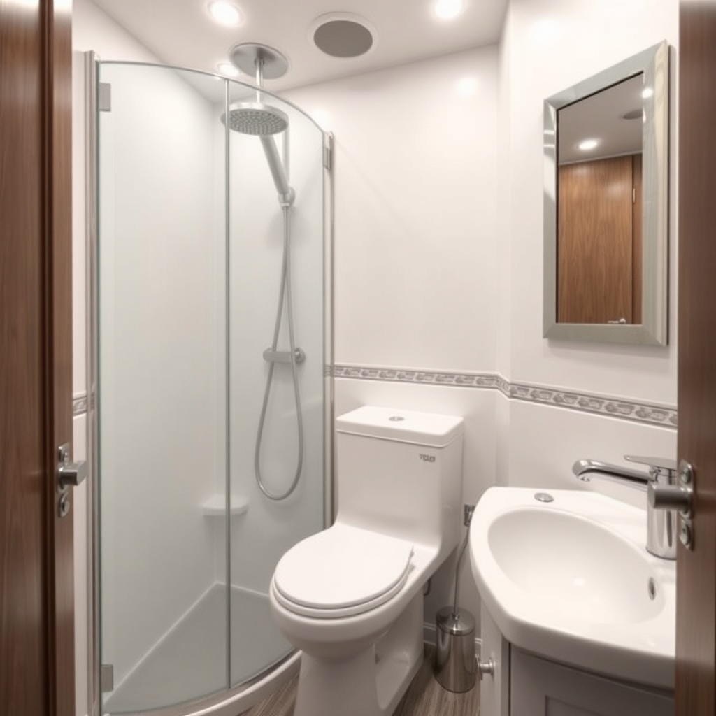 <clean photorealistic photo/illustration of a HorseTrailerPro living quarters bathroom wit