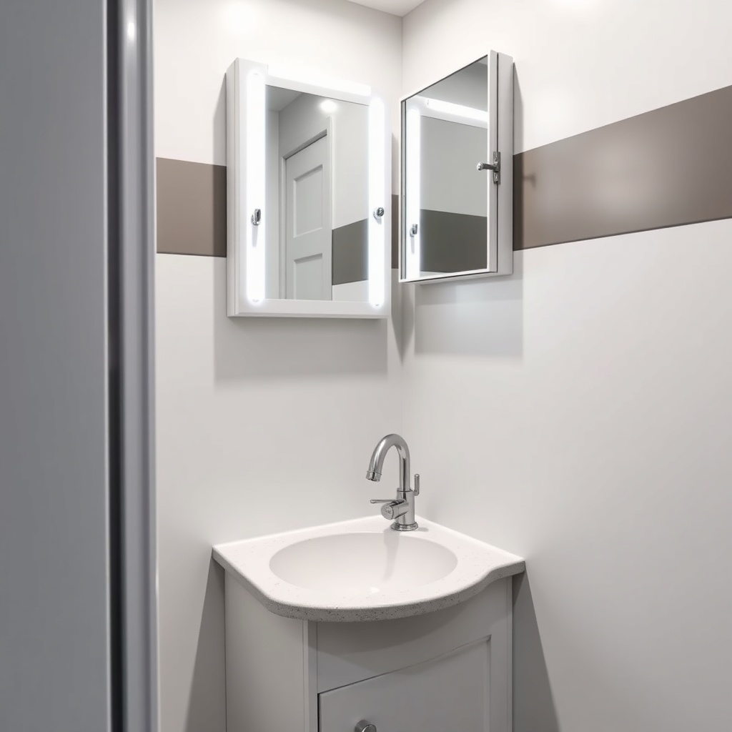 <clean photorealistic photo/illustration of a HorseTrailerPro bathroom sink area with a mi