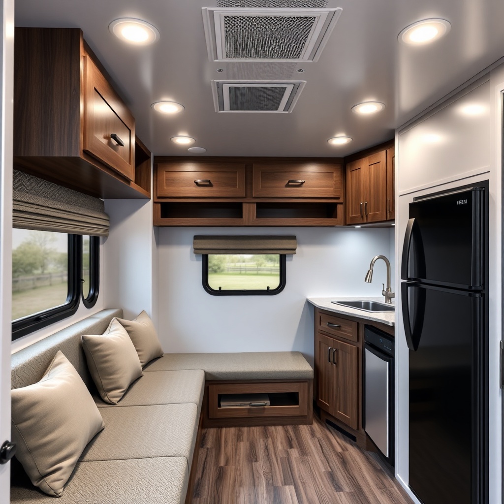 A clean photorealistic photo of a HorseTrailerPro living quarters interior featuring a din