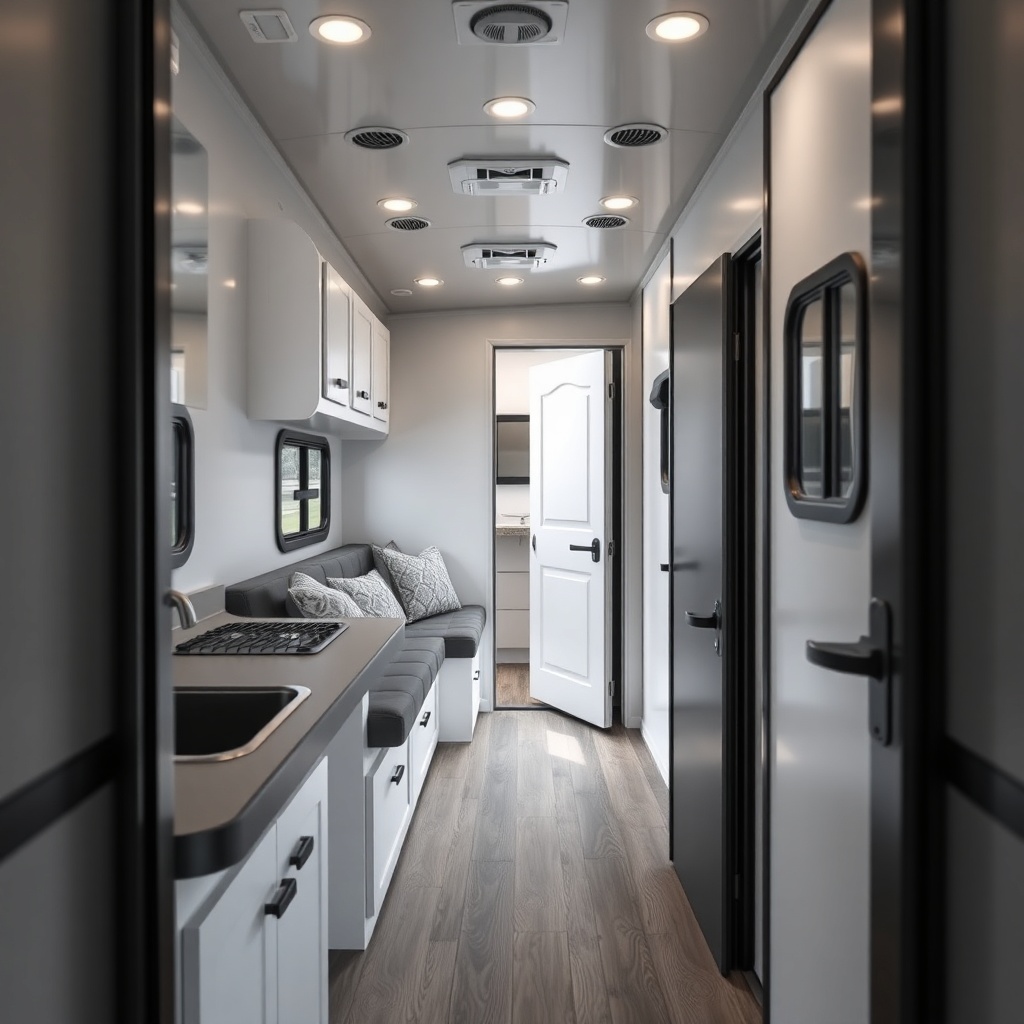 A clean photorealistic photo of a HorseTrailerPro living quarters taken from the doorway