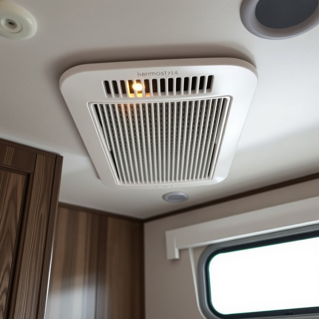 <clean photorealistic photo/illustration of the interior ceiling vent and thermostat of Ho