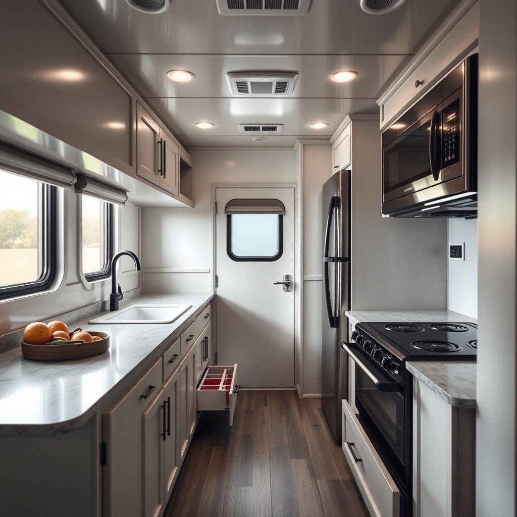 A clean photorealistic photo showing the interior of a HorseTrailerPro living quarters kit