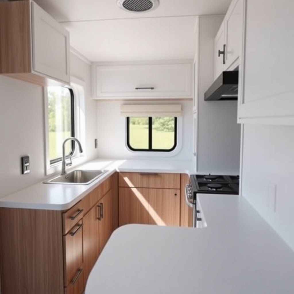 A photorealistic photo showing a HorseTrailerPro kitchen with an L-shaped countertop