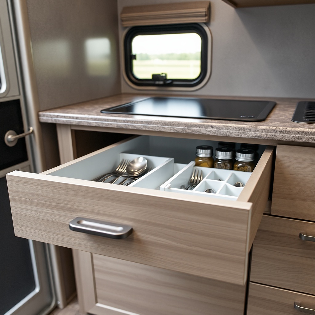 A photorealistic photo showing a HorseTrailerPro kitchen drawer fully extended with organi