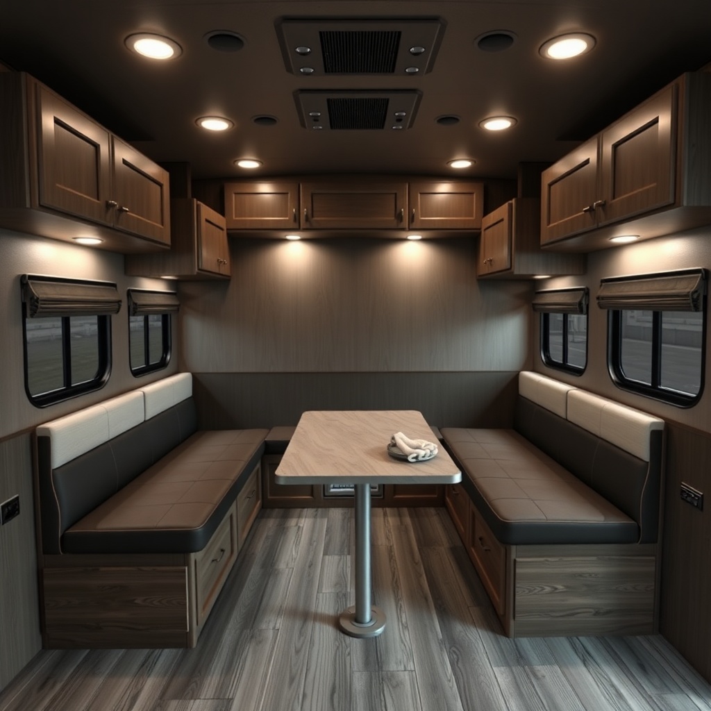 Photorealistic interior shot of HorseTrailerPro lounge seating with U-shaped dinette