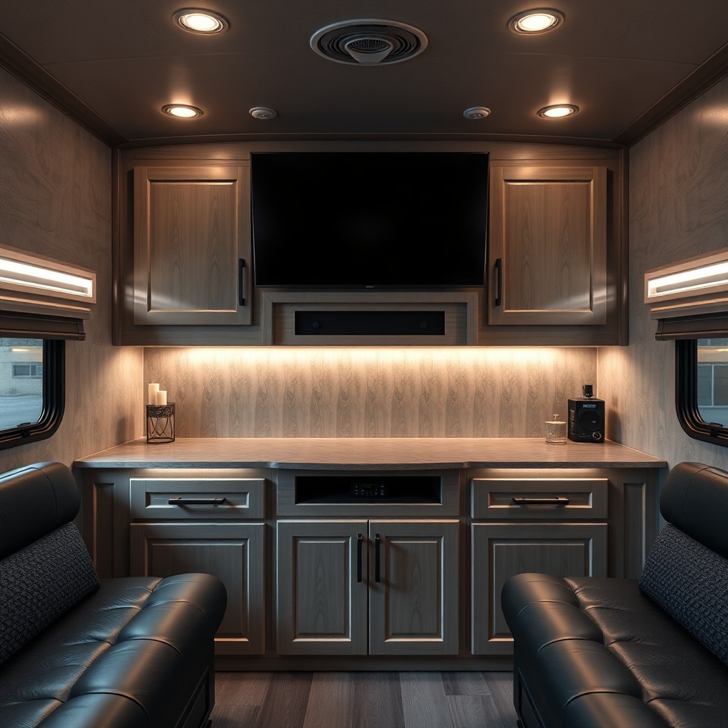 Photorealistic wide-angle view of HorseTrailerPro lounge with TV mounted on swivel above c