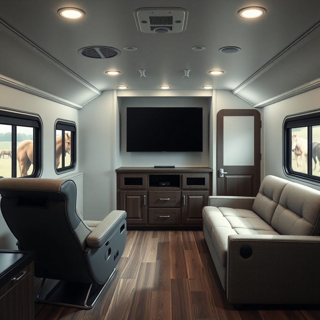 Clean photorealistic photo of a HorseTrailerPro lounge area with a long sofa