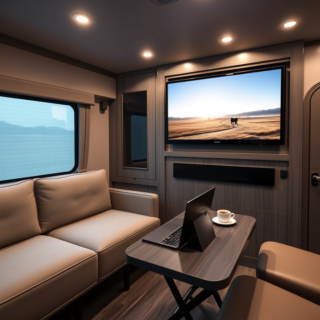 Clean photorealistic photo of the HorseTrailerPro lounge with a spacious sofa