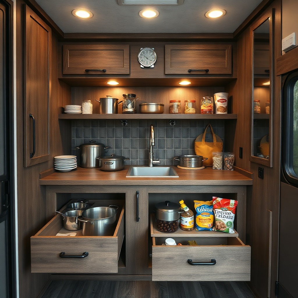 A clean photorealistic photo of a HorseTrailerPro living quarters kitchen with open drawer