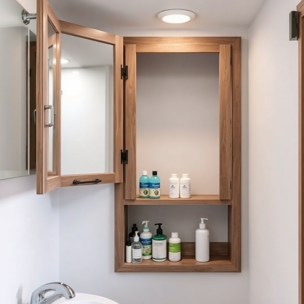 A clean photorealistic photo of a HorseTrailerPro living quarters bathroom with open mirro