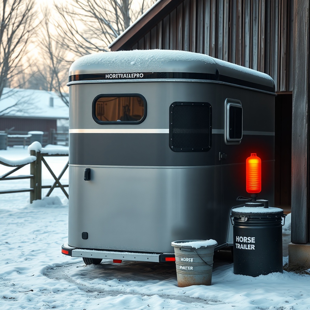 <clean photorealistic photo/illustration of a HorseTrailerPro parked in a snowy barnyard