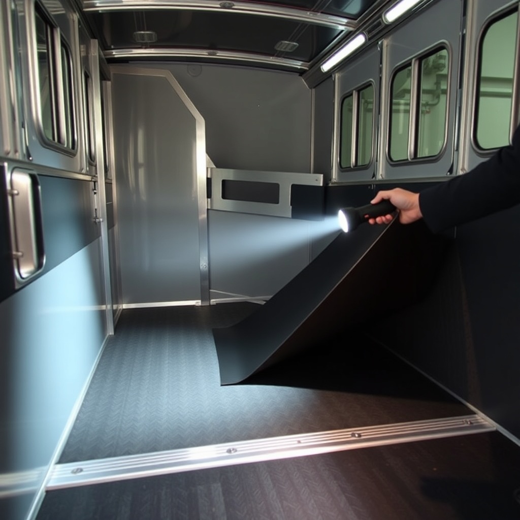 A clean photorealistic photo of a HorseTrailerPro interior floor being inspected by a pers