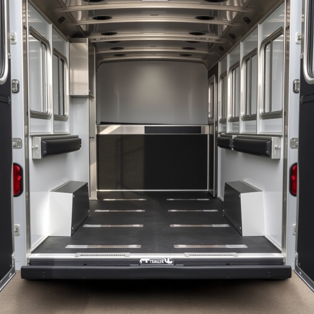 A clean photorealistic photo of a HorseTrailerPro trailer with a floor panel partially rem