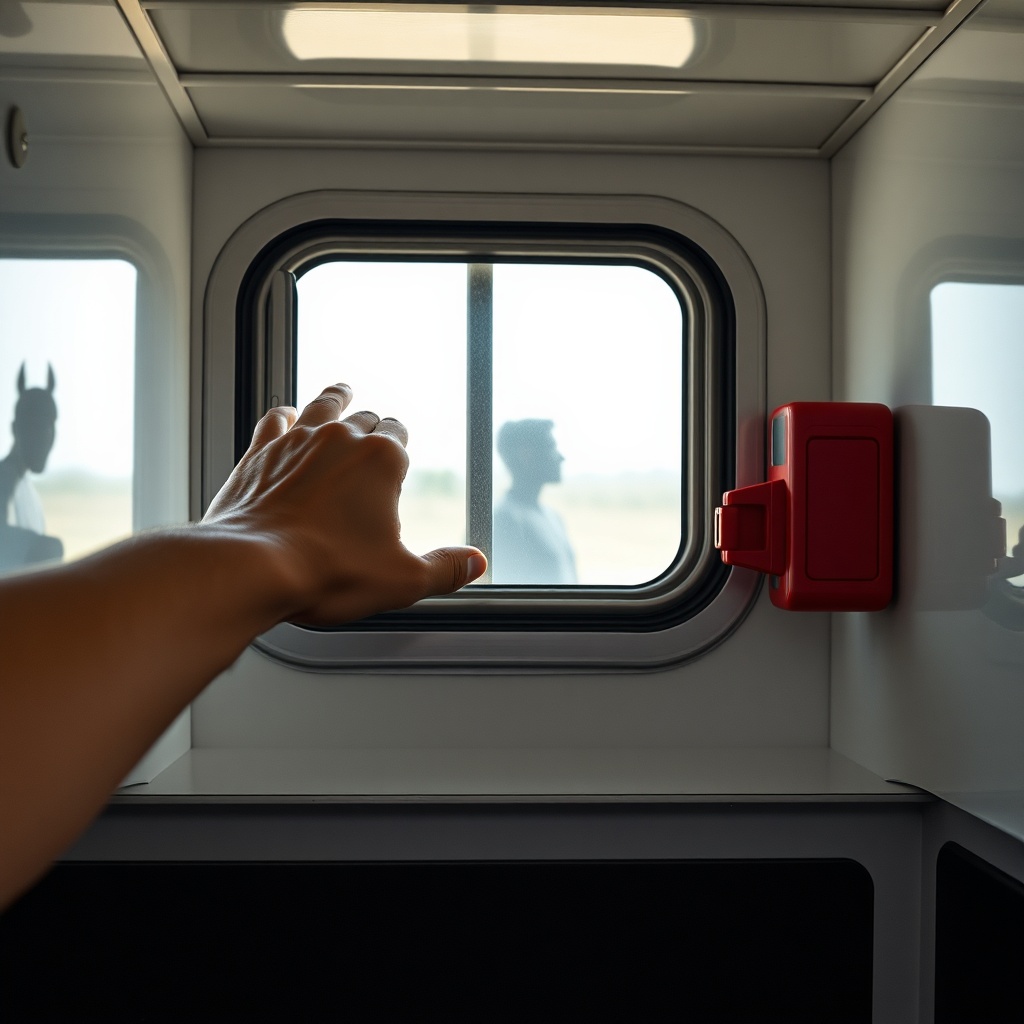 A photorealistic photo of a hand reaching for a red emergency latch on a trailer window