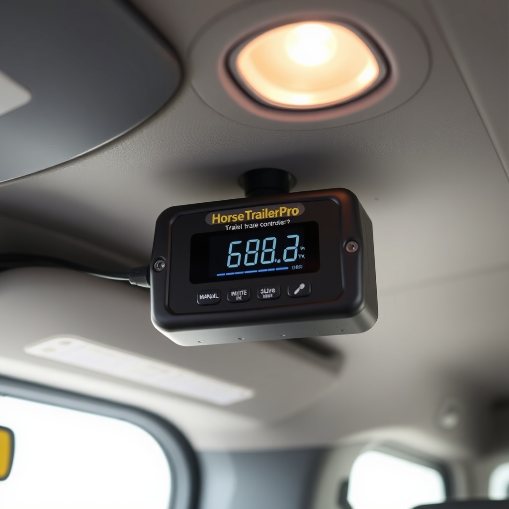 A photorealistic photo of a HorseTrailerPro trailer brake controller unit mounted in a veh