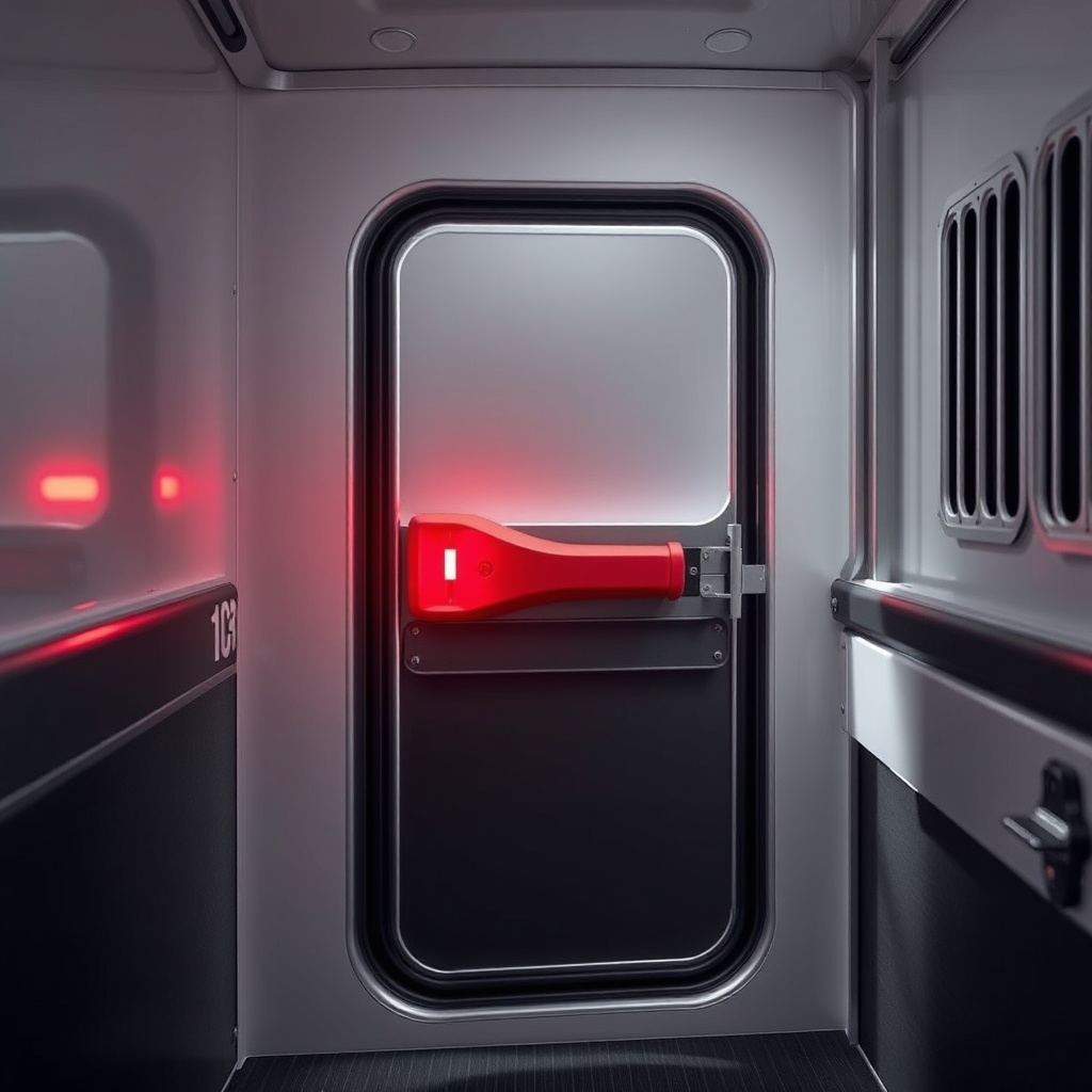<A photorealistic photo of a HorseTrailerPro side emergency door opened at 90 degrees