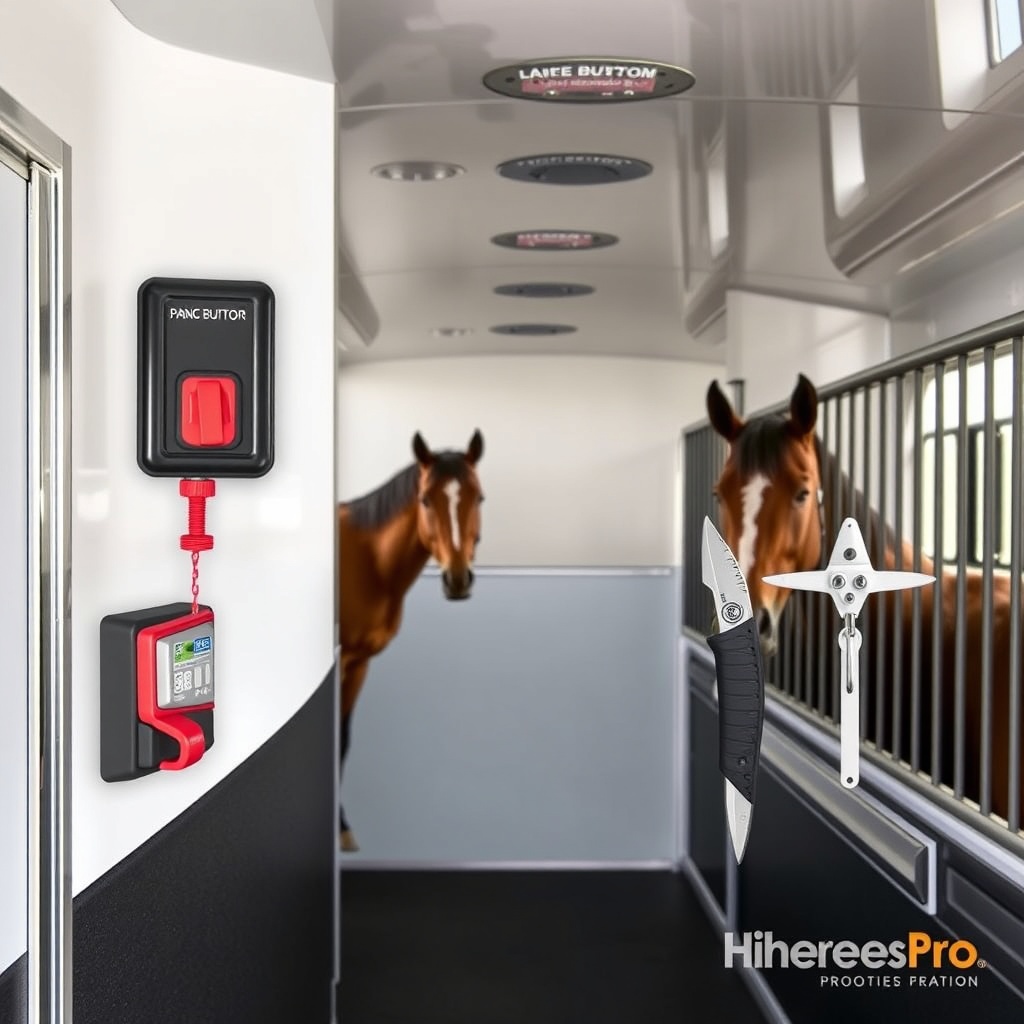 <A photorealistic interior shot of the HorseTrailerPro horse compartment showing a panic b
