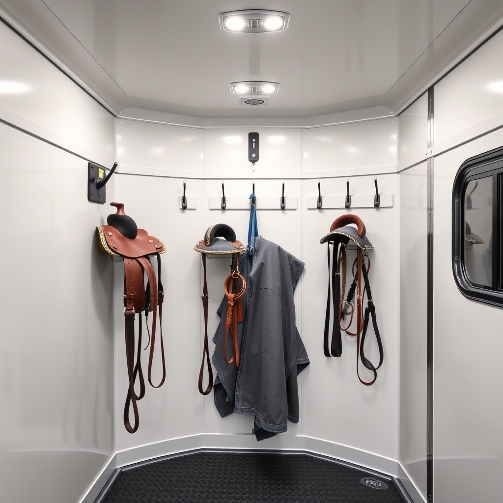 Photorealistic interior view of a HorseTrailerPro dressing room showing two western saddle